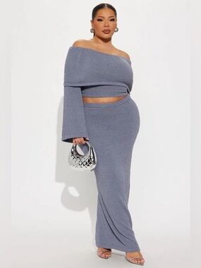 Fashion Nova Dark Grey Off-Shoulder Two-Piece Maxi Set